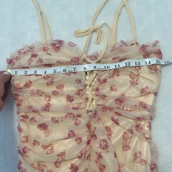 SBeteo Slip Lace Up Front Ruched Floral Mesh Mini Dress Women Size M - Picture 17 of 17